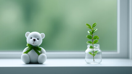 White teddy bear with green ribbon and small plant in glass jar on windowsill, minimalistic style, soft natural light, peaceful and eco friendly atmosphere