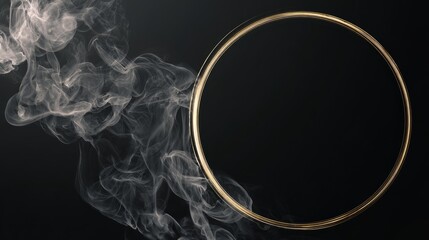 Abstract minimalist geometric wallpaper with flowing white smoke swirling around a golden circular frame on black background, modern elegant design for digital art, backgrounds, and creative projects