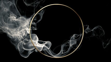 Abstract minimalist geometric wallpaper with flowing white smoke swirling around a golden circular frame on black background, modern elegant design for digital art, backgrounds, and creative projects
