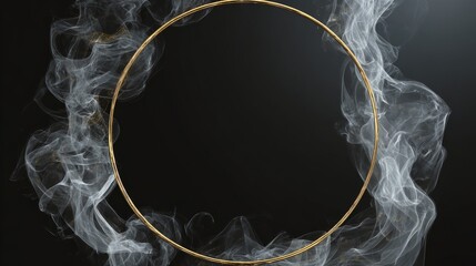 Abstract minimalist geometric wallpaper with flowing white smoke swirling around a golden circular frame on black background, modern elegant design for digital art, backgrounds, and creative projects