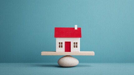 Small wooden house model with red roof balanced on a smooth pebble against a blue background, representing stability in homeownership and real estate concepts.