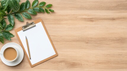 Modern Office Workspace Flat Lay with Clipboard, Paper, and Pen in Natural Light Setting