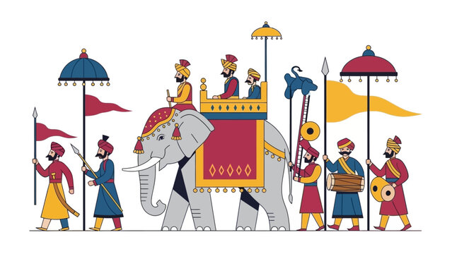Vector illustration of a colorful Indian festival procession with an elephant and musicians in traditional attire, showcasing Patiala Heritage in INDIA.