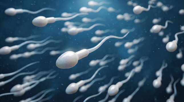 Microscopic view of numerous sperm cells swimming in a blue fluid, illustrating reproduction and biology.