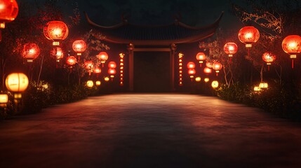 Atmospheric Lunar New Year Celebration Scene with Rows of Illuminated Paper Lanterns