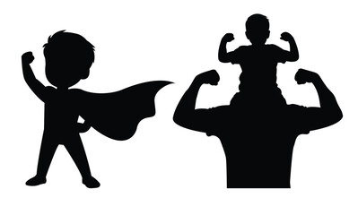 A child dressed as a superhero stands confidently on top of a parent’s shoulders while flexing their muscles © PNGwallet
