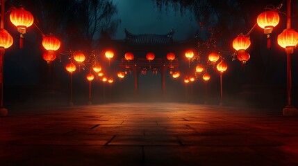 Atmospheric Lunar New Year Celebration Scene with Rows of Illuminated Paper Lanterns