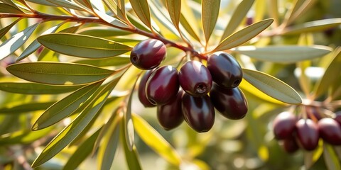 Close-up of ripe olives on branch, sunlit leaves,  texture,  ripe