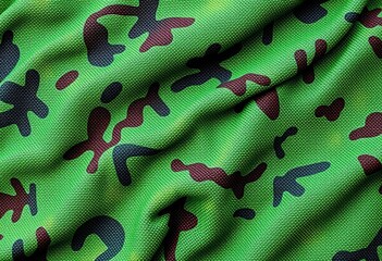 Close-up view of green camouflage fabric texture,  tactical,   patterned fabric