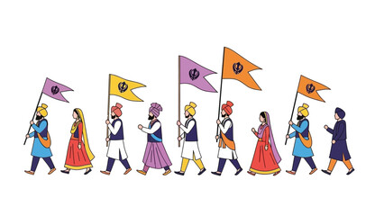 Vector illustration of people in traditional Indian attire marching with flags during a festival or heritage celebration in Patiala, INDIA.