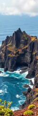 Craggy volcanic rock formations jutting from the sea, waves crashing against the shore, sparse vegetation clinging to life,  sea,  rugged