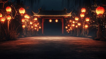 Traditional Chinese Lantern Festival Background with Warm Golden Light and Stone Path