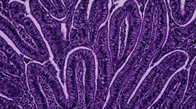 Microscopic view of glandular tissue with complex folded structures, stained purple for histological examination.