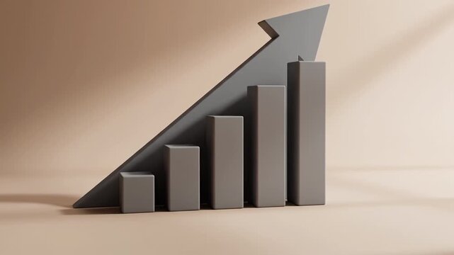 Gray ascending bar chart arrow showing business growth progress finance graph column increase in monochrome minimal neutral background conveying optimistic modern calm confidence and upward trend