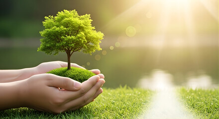 Human Led Growth Concept for Long Term Urban Futures. Hands holding a young tree symbolizing responsibility, growth, and future oriented development.