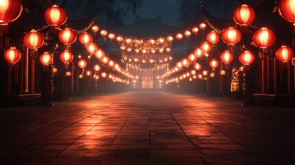 Low Angle View of Glowing Red Lanterns Hanging Over Ancient Chinese Street at Night