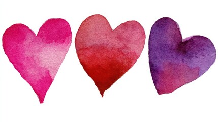 Watercolor Hearts in Pink Red and Purple on White Background