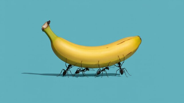 A ripe yellow banana being carried by a group of small black ants