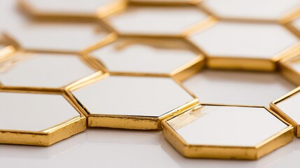 Abstract Geometric Pattern of Gold Trimmed White Hexagons on a White Background with Soft Lighting