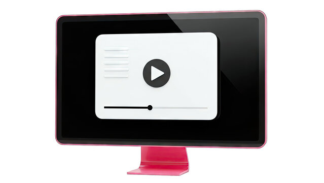 Pink computer monitor displaying a video player interface - Powered by Adobe