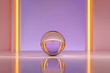 Abstract Sphere With Purple Liquid And Golden Light Accents On A Mirrored Surface With Soft Pink Walls
