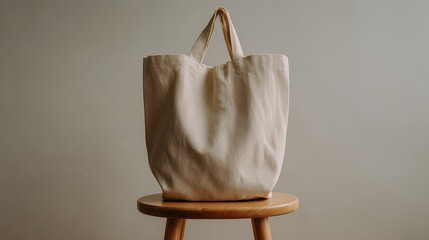 Beaded Bag on Wooden Stool Against Neutral Backdrop With Golden Light, Handmade Off White Tote, Fashionable, Decorative, Sustainable Accessory Concept
