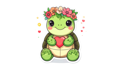 Adorable cartoon turtle with a floral crown, holding a heart, on black background