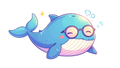 Cartoon blue whale with glasses, happy expression, sparkles, bubbles, black background