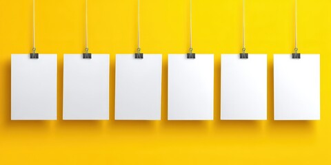 Blank White Paper Sheets Suspended Against A Vibrant Yellow Background