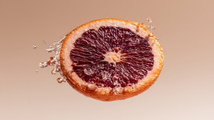 Blood Orange Slice Suspended with Splashing Water Droplets on Beige Background in Studio Lighting