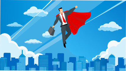 Businessman in red cape flying over cityscape with briefcase © Prosit