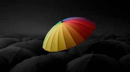 Colorful Umbrella Standing Out Among Black Umbrellas on a Grey Background with Studio Lighting