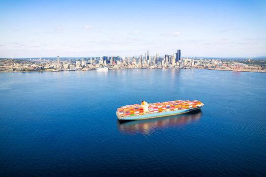 Seattle City Skyline with Cargo Ship in Elliott Bay