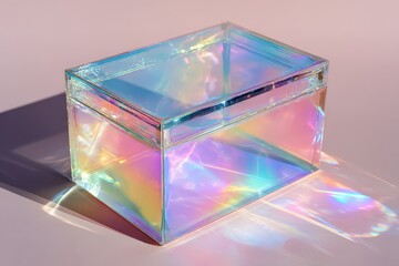 Iridescent Glass Box Casting Rainbow Reflections on Pastel Surface in Soft Light