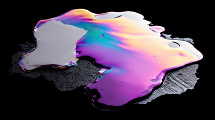 Iridescent Liquid Spill Reflecting Rainbow Colors on Black Background Macro Studio Shot