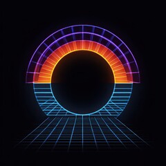 Neon Lit Geometric Portal with Glowing Orange Gradient and Grid Floor in Dark Environment