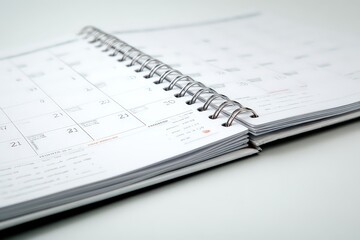 Open Spiral-Bound Calendar with Visible Dates on White Surface in Studio Lighting