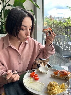 The girl is having breakfast, the dog is begging from under the table