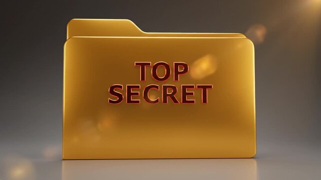 Golden metallic folder dossier labeled TOP SECRET with red lettering reflective surface dramatic lighting conveying confidential document suspense intrigue protected record secret confidential file