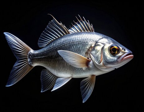 Detailed Silver Fish with Fins and Scales on Black Background.