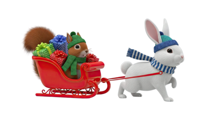 Squirrel and rabbit with Christmas gifts in a sleigh