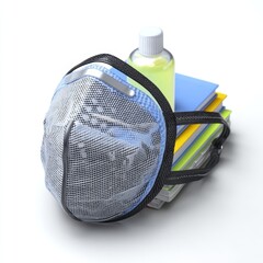 Back to School Campaign. Safe Back to School Concept - Child-sized Face Mask with Schoolbooks and Sanitizer on White Background, Student Hygiene and Health Awareness