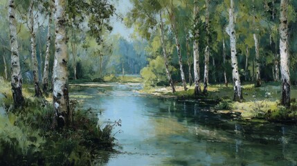 Serene birch tree standing beside a gently flowing river with reflections on calm water, surrounded by lush greenery and soft natural light in a peaceful outdoor landscape