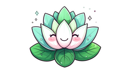 Kawaii style water lily with smiling face, pastel colors, and glitter effect