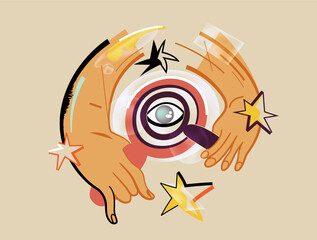 Eye on target with magnifier, focus vision and analysis concept