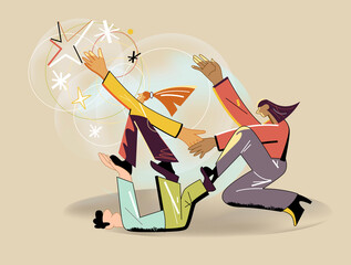 Team helping each other reach stars, success and collaboration concept