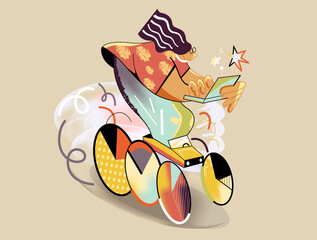 Person working on laptop while moving fast, innovation and progress