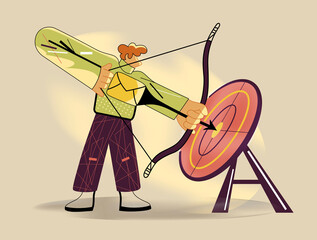 Man shooting arrow hitting target, business goal and success concept