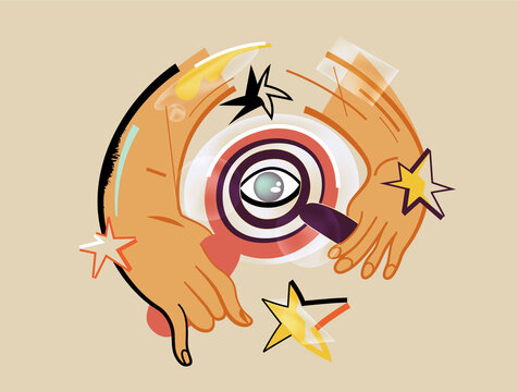 Eye on target with magnifier, focus vision and analysis concept