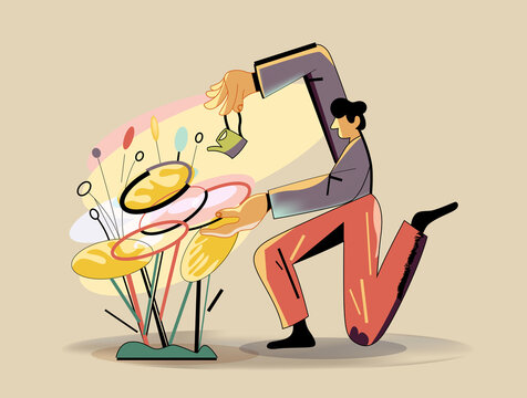 Man watering growing plants, business investment and growth concept